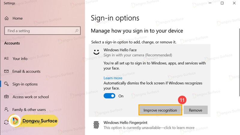 Chọn Improve recognition để laptop  cải thiện thêm nhận diện khuôn mặt của bạn
