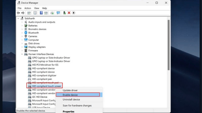 chọn Enable Device