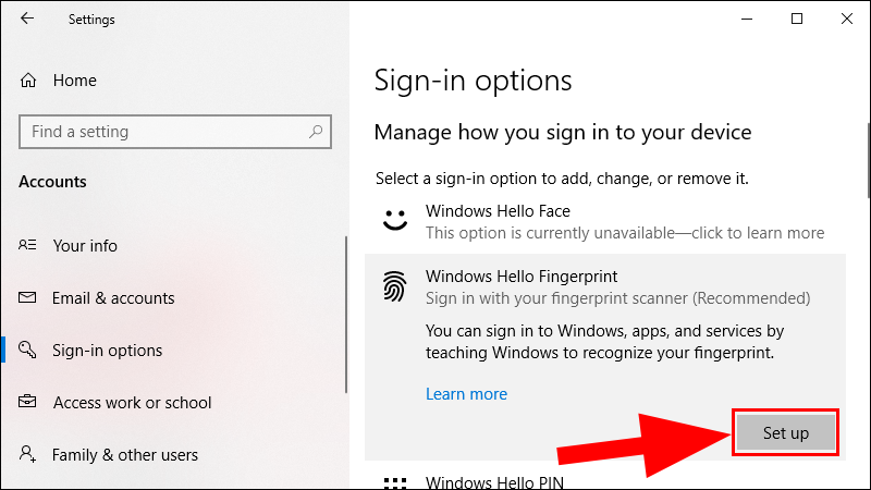 Nháy chuột chọn Fingerprint recognition (Windows Hello) và chọn Set up