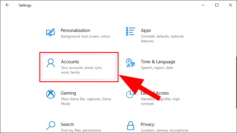 Tại thanh trái cửa sổ Settings, nháy chuột chọn Accounts