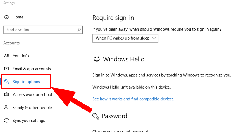 Nháy chuột chọn Accounts và chọn Sign - in options