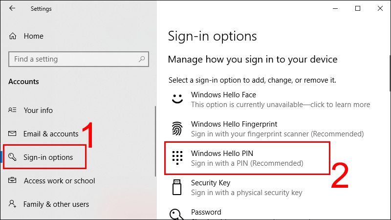 Nháy chuột chọn PIN (Windows Hello) và chọn Set up