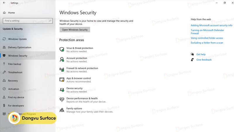 Truy cập tới mục Windows Security