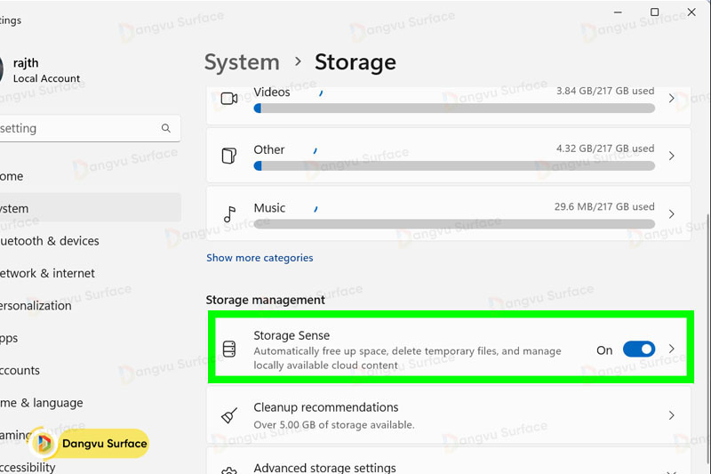 Khởi động chức năng Storage Sense