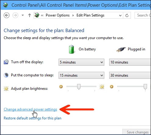 Lựa chọn “Change advanced power settings”