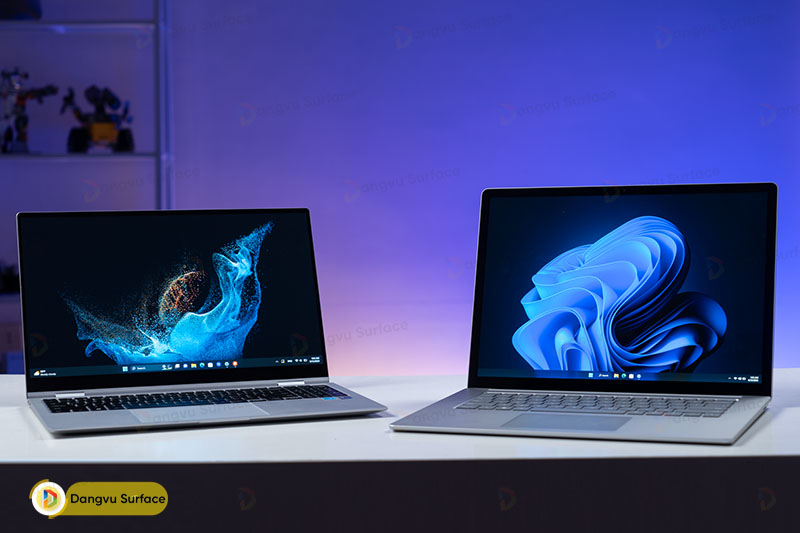 Samsung Galaxy Book 2 Pro 360 và Surface Laptop 5 đều sở hữu vẻ ngoài tinh tế, mỏng nhẹ, hiện đại