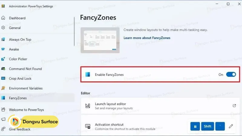 Bật nút Enable FancyZones (chuyển On)