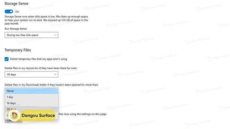 Cách tự động xóa các tập tin cũ trong Surface Windows 10