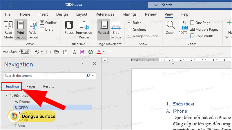 Sắp xếp thứ tự trang trong Word bằng lệnh Navigation Pane