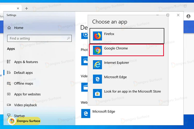 Thay đổi trình duyệt mặc định của Surface trên chính trình duyệt muốn làm mặc định