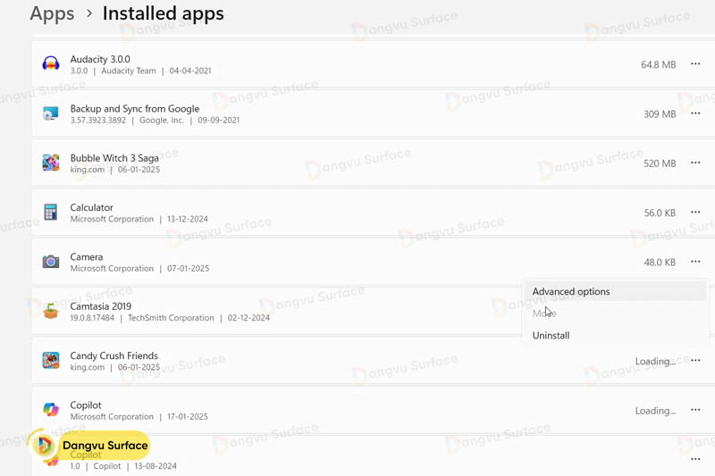 Sửa chữa hoặc reset lại ứng dụng Camera