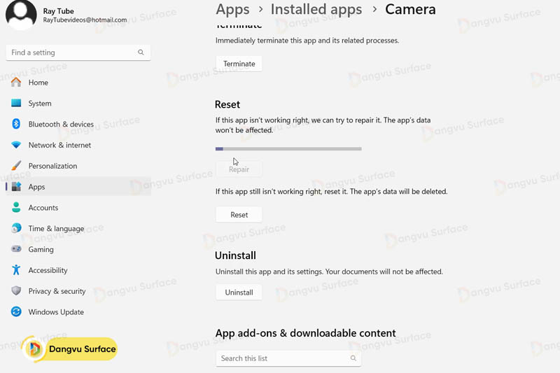 Sửa chữa hoặc reset lại ứng dụng Camera