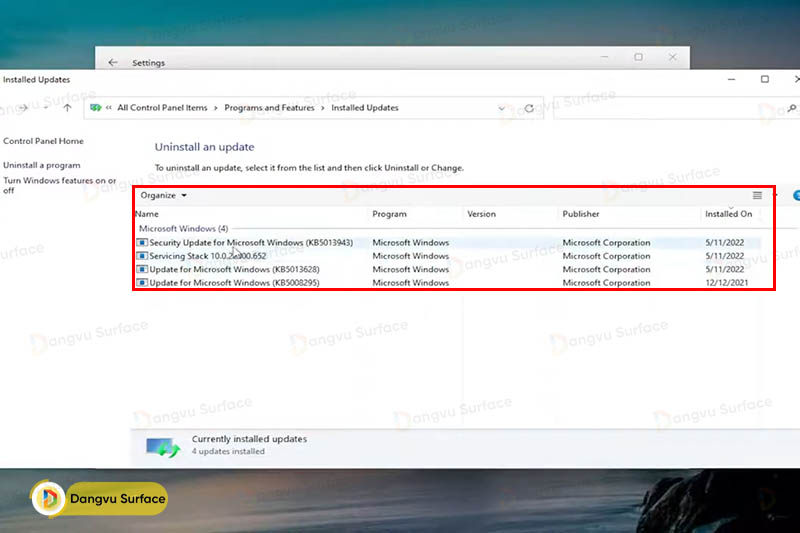 Truy cập vào mục Windows Update > Click chọn Update history.