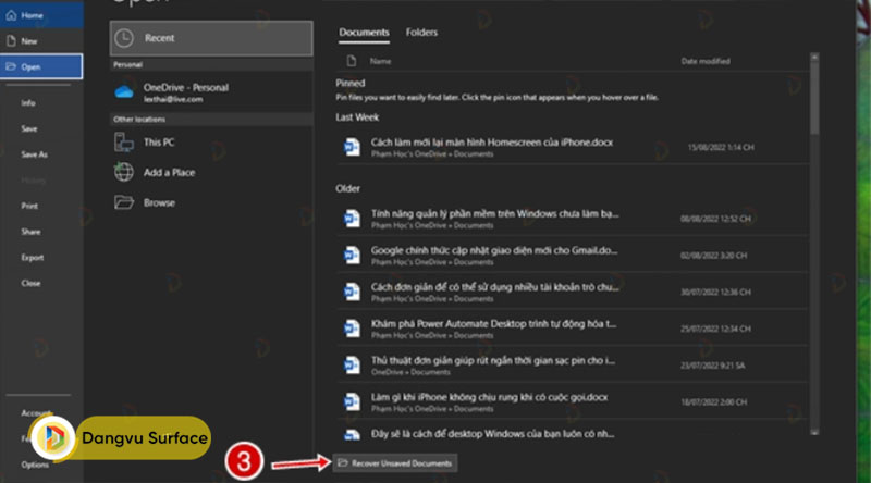 Cách lấy lại file Word chưa lưu bằng nút Khôi phục tài liệu chưa lưu