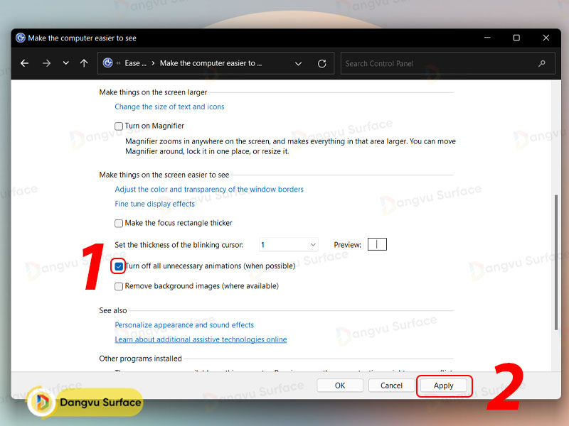 Tắt hiệu ứng trong Control Panel