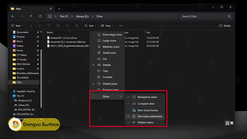 Hiển thị đuôi mở rộng của file