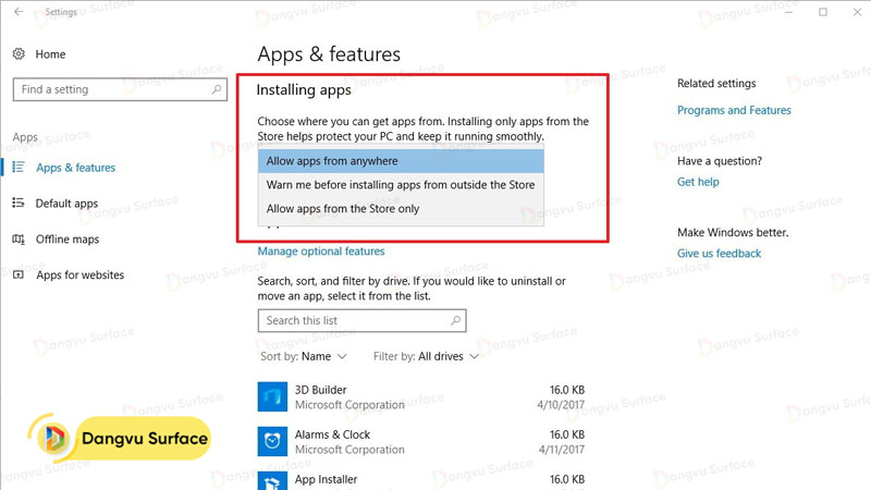 Cài đặt phạm vi tải ứng dụng cho Surface