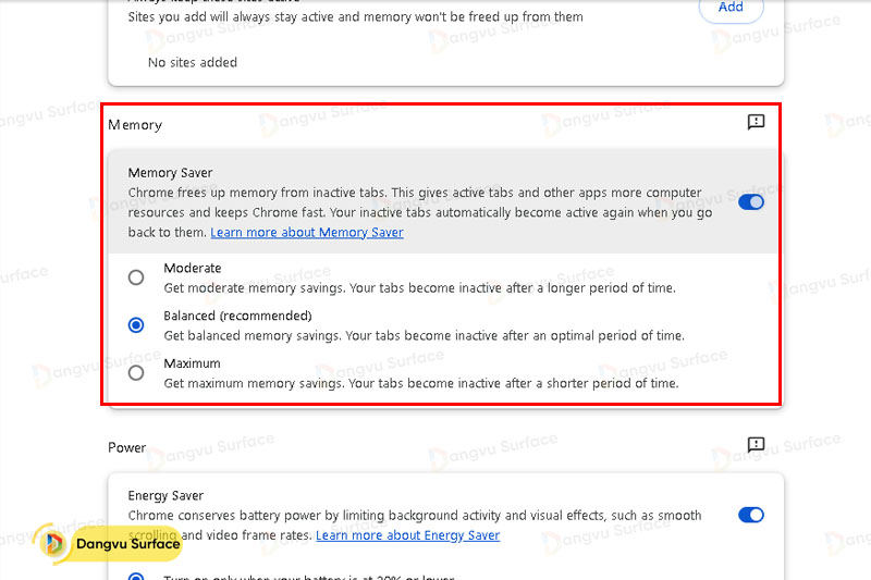Tùy chỉnh cài đặt hiệu suất