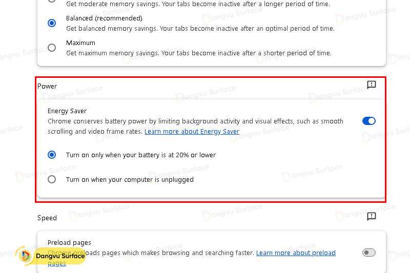 Tùy chỉnh cài đặt hiệu suất