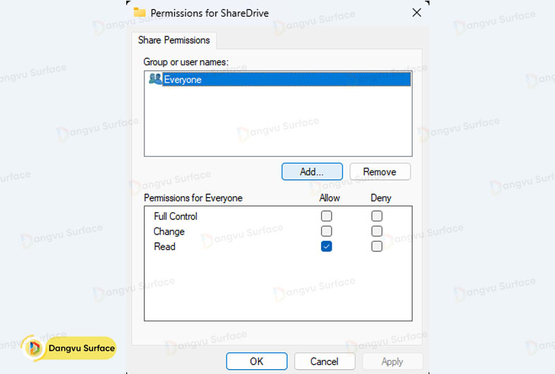 Cho phép tất cả người dùng có toàn quyền kiểm soát thư mục Chia sẻ Nâng cao