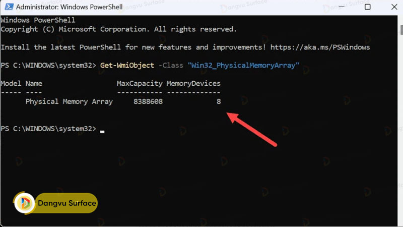 Sử dụng PowerShell để kiểm tra số lượng khe cắm bộ nhớ còn trống