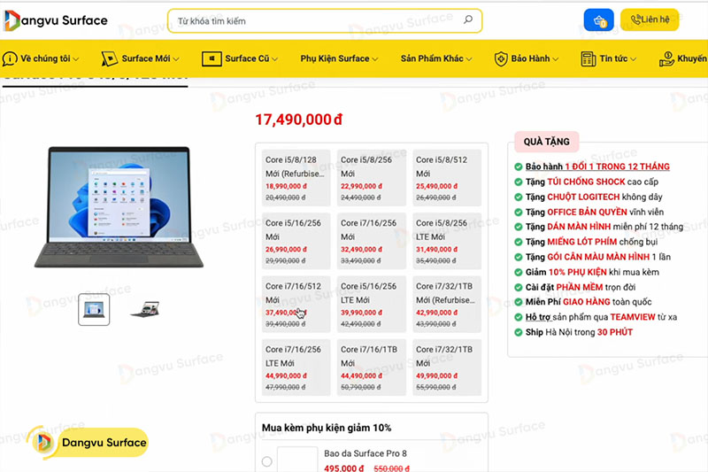 Surface Pro 8 i3 tại cửa hàng của Đăng Vũ Surface có giá bán là 17.490.000 đồng