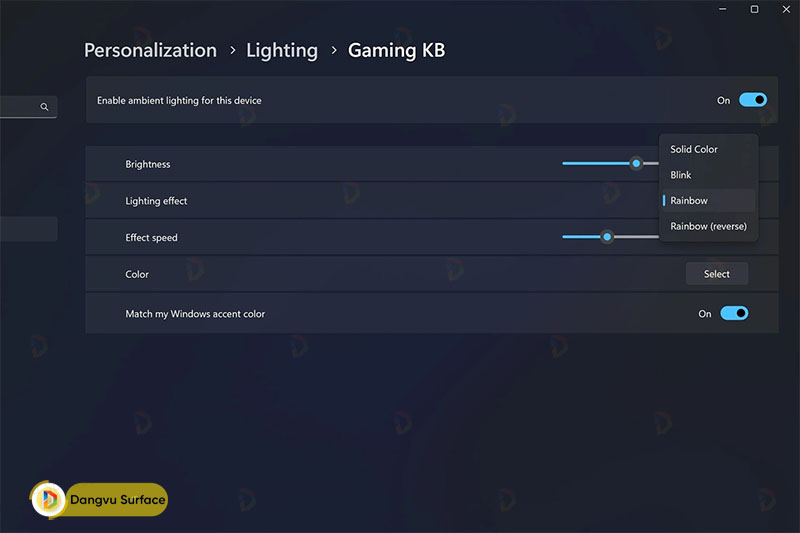 Điều khiển đèn RGB từ Settings