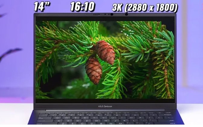 Mở ra bên trong, Laptop Asus Zenbook sử dụng màn hình rộng 14 inch, được trang bị công nghệ OLED mang đến độ tương phản cao.