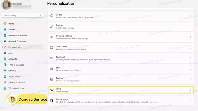 Chọn Personalization -> Fonts
