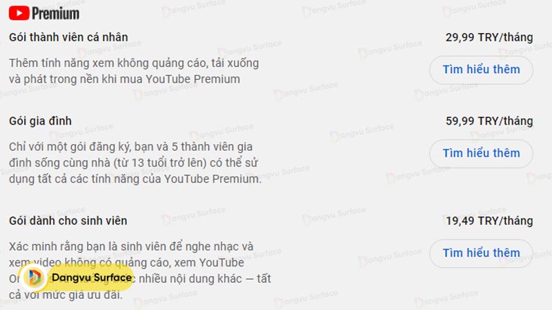 Giá gói cước Youtube Premium Thổ Nhĩ Kỳ