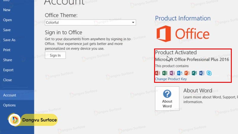 Truy cập vào Word, chọn Change Product Key tại mục Account 