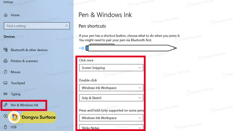 Tại Pen & Windows Ink, kéo xuống dưới để tùy chỉnh bút cảm ứng