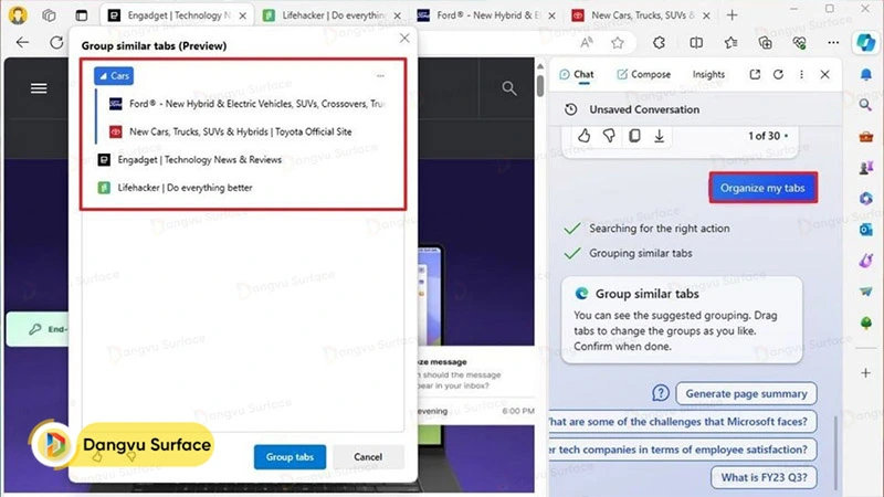 Sắp xếp các tab cửa sổ trên trình duyệt Edge với Microsoft Copilot