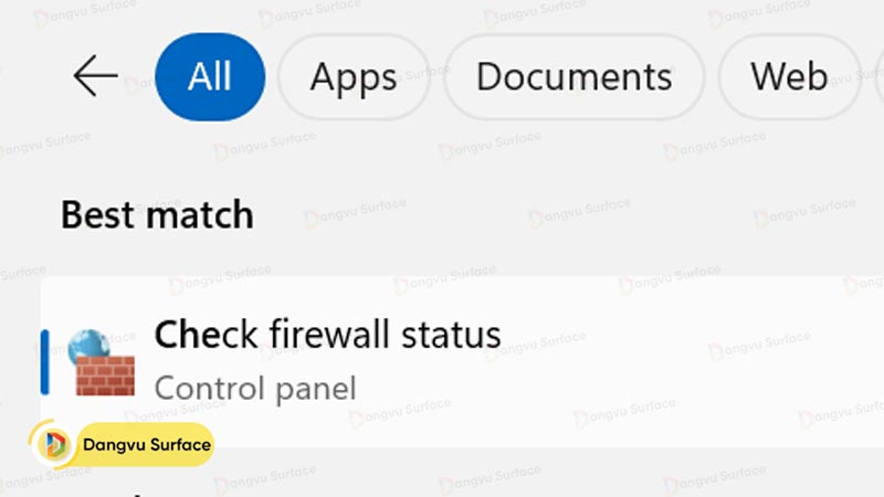 Chọn Windows Defender Firewall hoặc Check Fire wall status tại Best Match