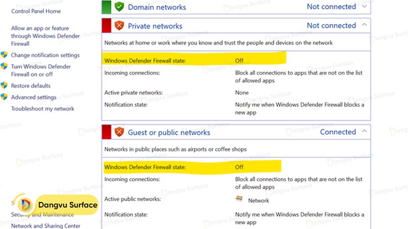 Chọn mục Turn Windows Defender Firewall on or off