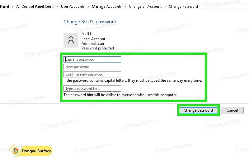 Cài đặt password máy tính bằng lệnh Control Panel