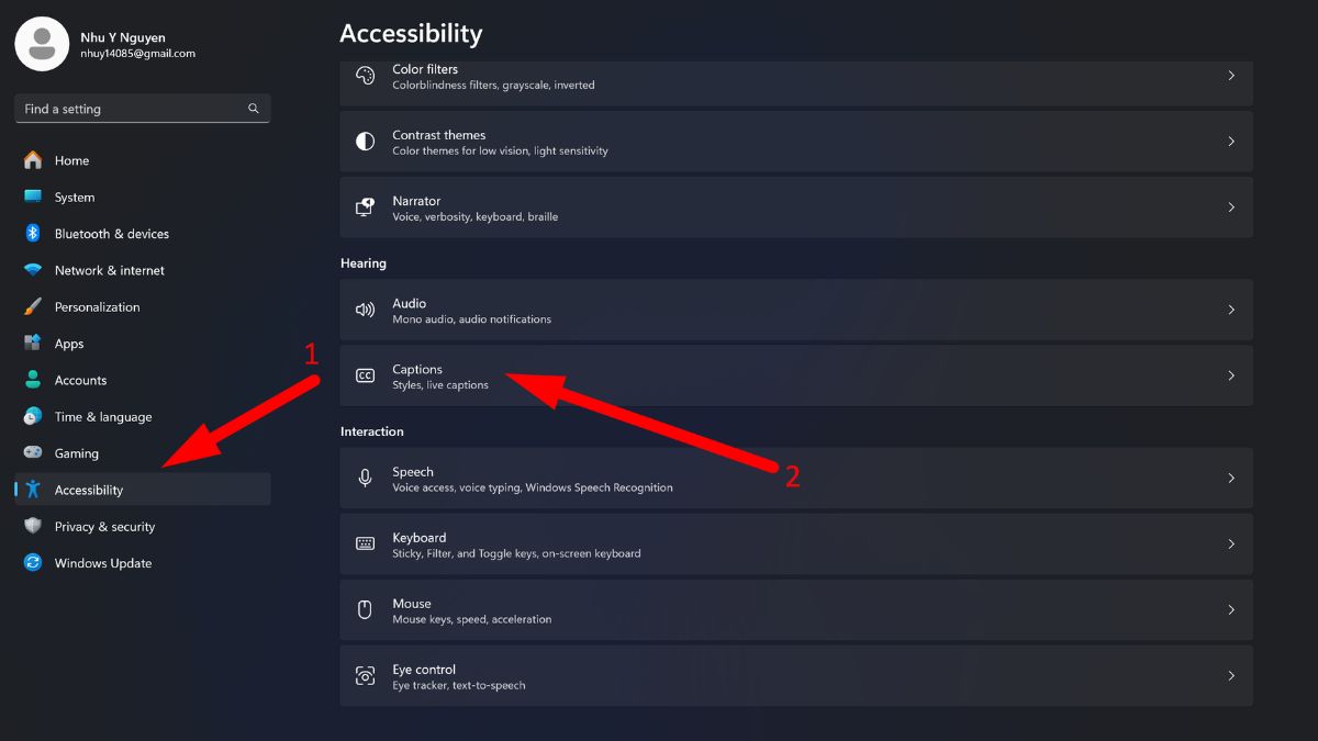lựa chọn Accessibility rồi lướt xuống menu bên phải và ấn chọn Captions
