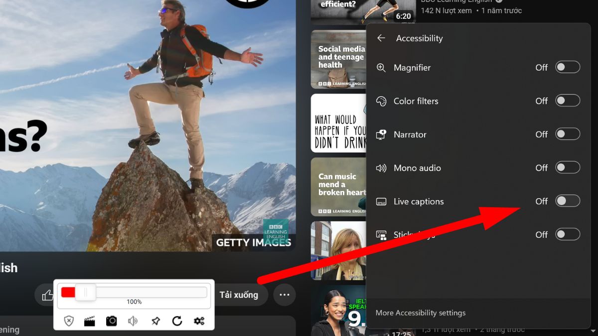 Bật công tắc để tính năng Live Captions được kích hoạt
