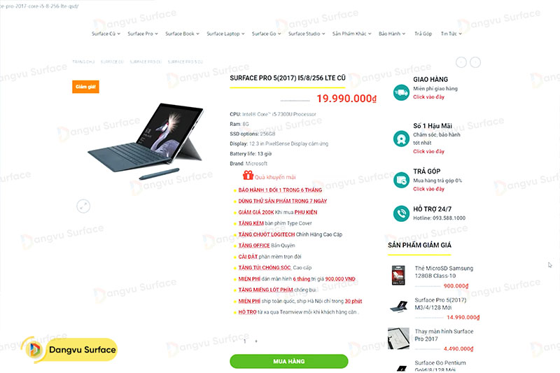 Giá bán Surface Pro 5 LTE tại Đăng Vũ