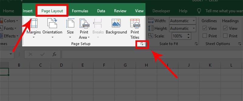 Trên thanh công cụ của Excel, chọn thẻ Page Layout