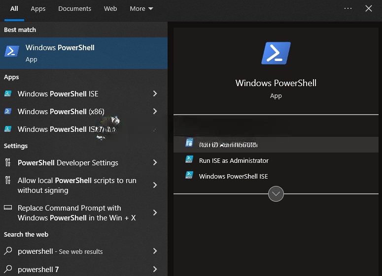 Chọn Windows PowerShell → Tiếp tục chọn Run as Administrator để chạy bản quyền Admin