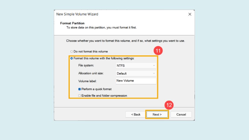 Chọn định dạng phân vùng mới là NTFS hay FAT32 ở File System
