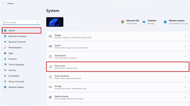 Chọn vào mục System và chọn tiếp vào Focus Assistant