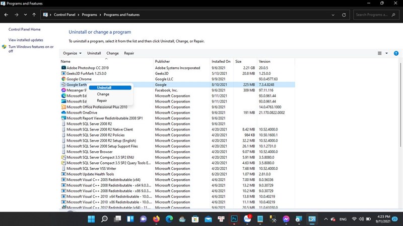 Gỡ cài đặt bằng Control Panel