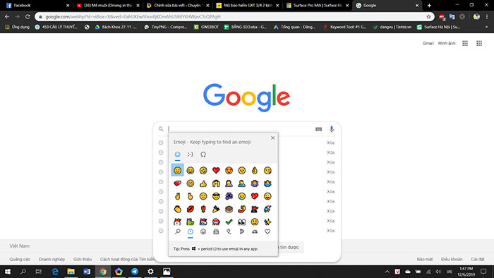 Bảng Emoji có thể bật lên ở bất cứ đâu