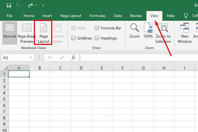 Trên thanh công cụ Excel, chọn View, chọn Page Layout