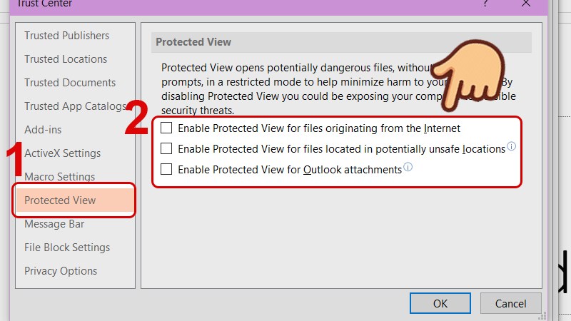 bạn mở thư mục có tên Protected View và bỏ chọn cả 3 ô chữ trong đây