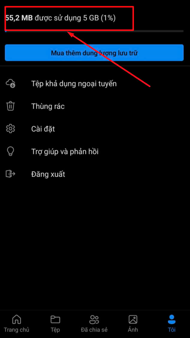 bạn sẽ thấy tình trạng bộ nhớ Onedrive hiển thị trên màn hình