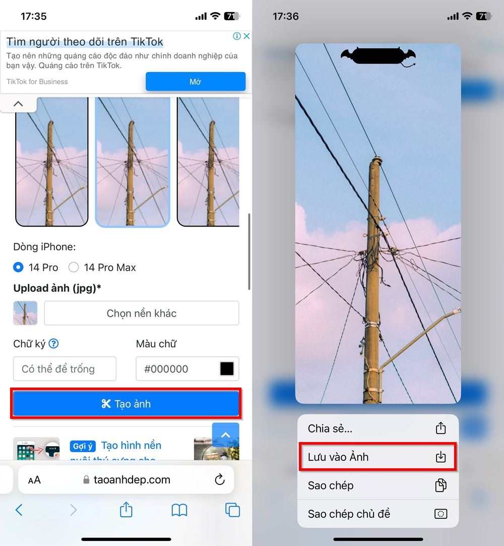 Chọn Tạo ảnh -> Hệ thống sẽ tự động tạo hình nền trang trí Dynamic Island 