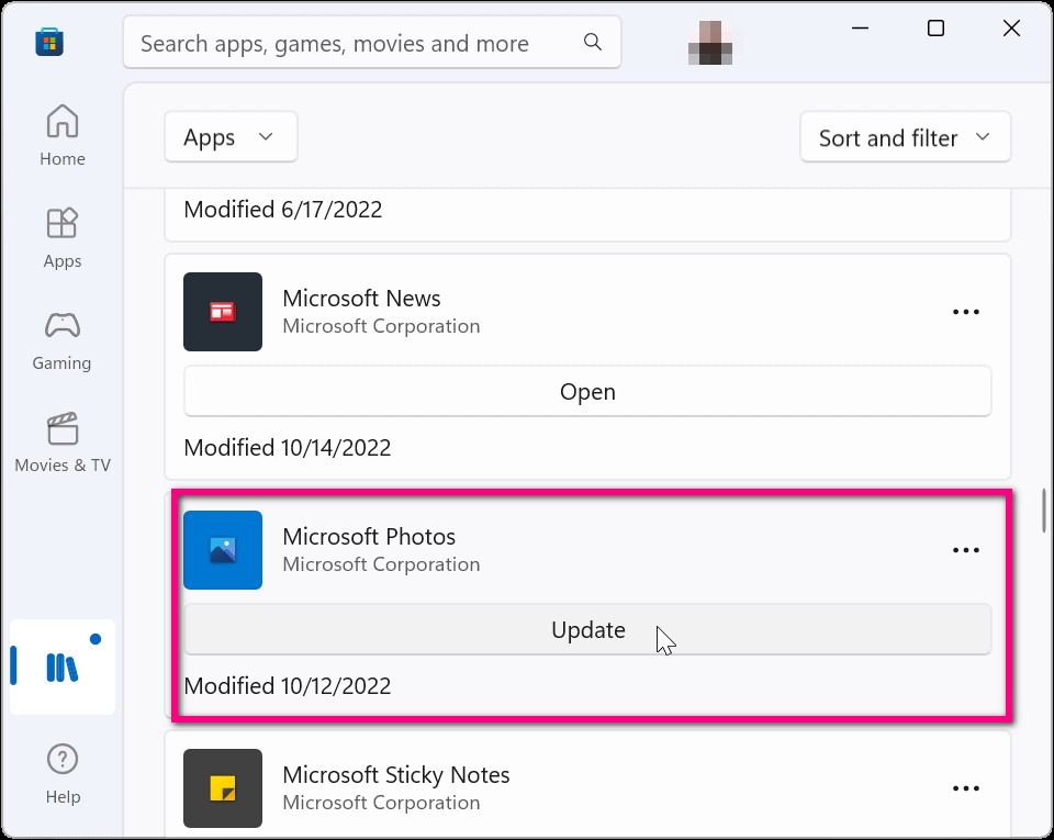 Tìm đến ứng dụng Photos và nhấp Update